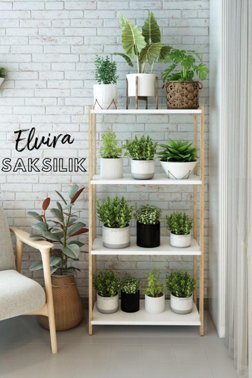 Elvira Beyaz Ahşap 4 Katlı Çiçeklik - Saksılık - Çiçek Standı - Dekoratif Raf - Çok Amaçlı Kullanım