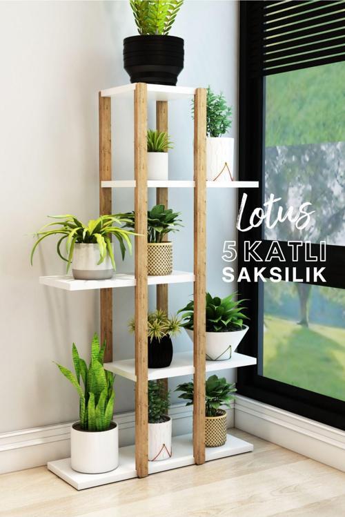 Lotus Beyaz Ahşap 5 Katlı Çiçeklik - Saksılık - Çiçek Standı - Dekoratif Raf - Çok Amaçlı Kullanım