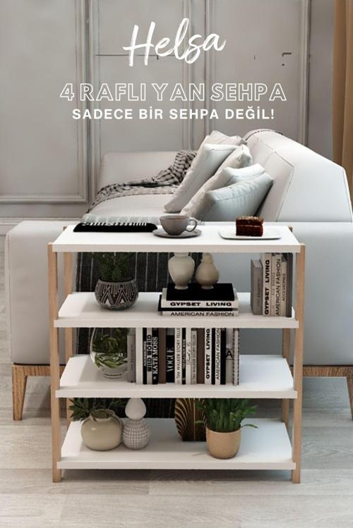 Helsa Beyaz 4 Raflı Ahşap Yan Sehpa - Çok Amaçlı Dekoratif Raf - Organizer - Demonte Ve Kolay Montaj