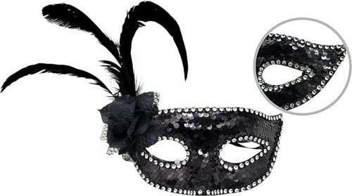 Siyah Yandan Tüylü Güllü Taşlı Pullu Maske