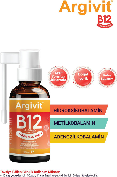 Active Plus B12 Vitamin Metilkobalamin,hidroksikobalamin,adenozilkobalamin Sprey 30 ml