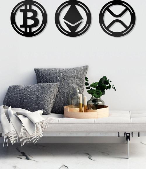 Bitcoin Ethereum Xrp Figürlü Dekoratif Ahşap Tablo