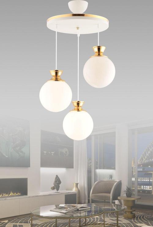 Dilara 3 Lü Tepsi Beyaza Gold Yuvarlak Camlı Salon Avizesi