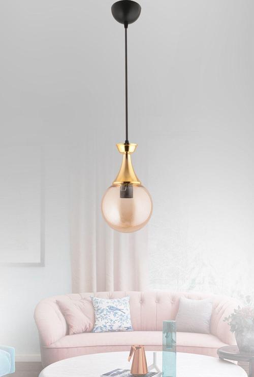 Minel Tekli Siyaha Gold Detaylı Glop Camlı Avize