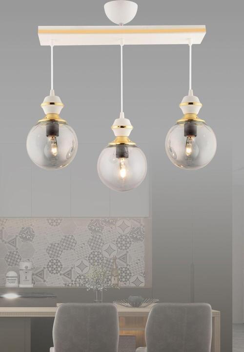 Berru 3 Lü Caka Beyaza Gold Glop Camlı Lüks Salon Avizesi