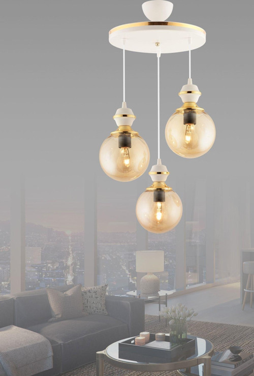 Berru 3Lü Tepsi Beyaza Gold Glop Camlı Lüks Salon Aydınlatması