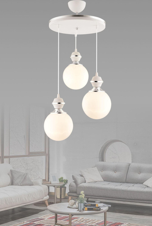 Berru 3Lü Tepsi Beyaza Krom Lüks Glop Camlı Modern Avize