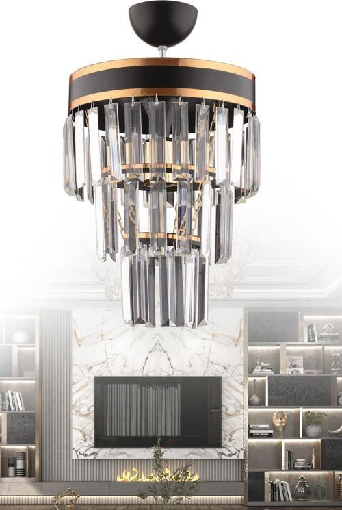 Çağla Tekli Siyah Üç Katlı Kristal Modern Aydınlatma