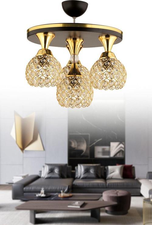 Defne 4 Lü Kristal Top Tepsi Avize Siyah Sarı Yaldızlı Modern Lüks Avize