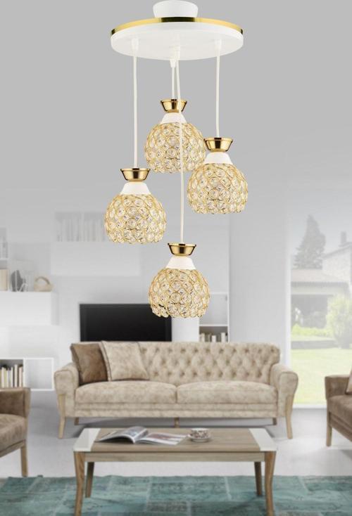 Yağmur 4 Lü Sarkıt Tepsi Beyaza Gold Yaldızlı Kristal Top Modern Avize