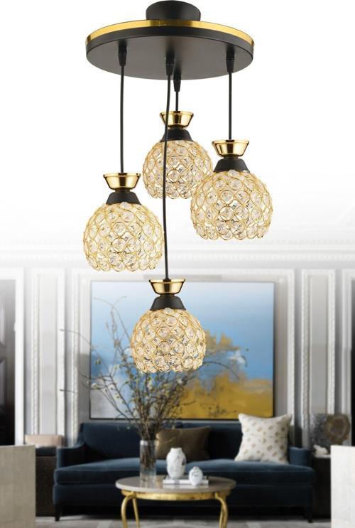 Yağmur 4 Lü Sarkıt Siyah Gold Yaldızlıkristal Top Modern Avize