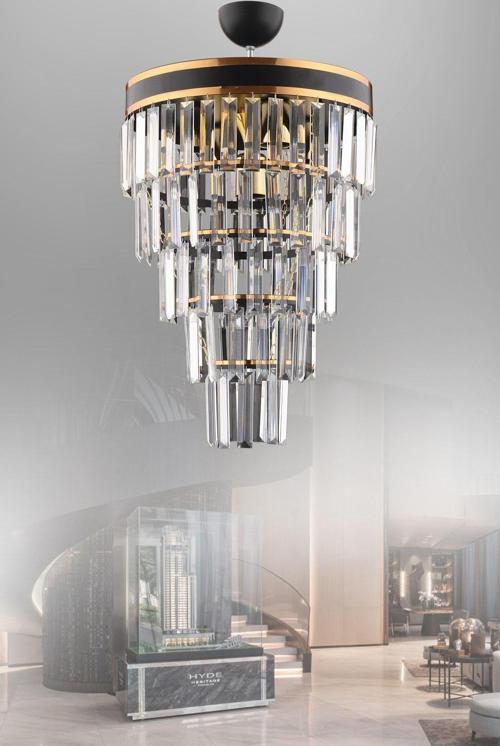 Çağla 6 Lı Siyah Beş Katlı Kristal Modern Avize