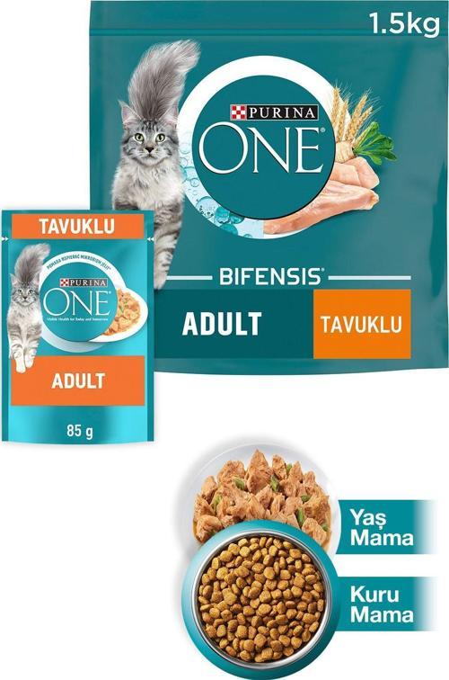 PURINA ONE Adult Tavuklu Tam Tahıllı Yetişkin Kedi Maması 1.5kg + Tavuklu Yaş Kedi Maması 85g