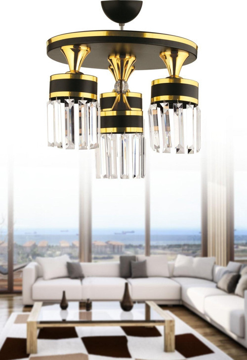 Aslı 4 Lü Profonyel Siyaha Sarı Detaylı Kristal Taşlı Modern Avize
