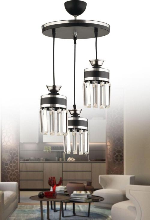Eylül 3 Lü Sarkıt Kristal Taşlı Siyah Krom Yaldızlı Modern Lüks Salon Avizesi