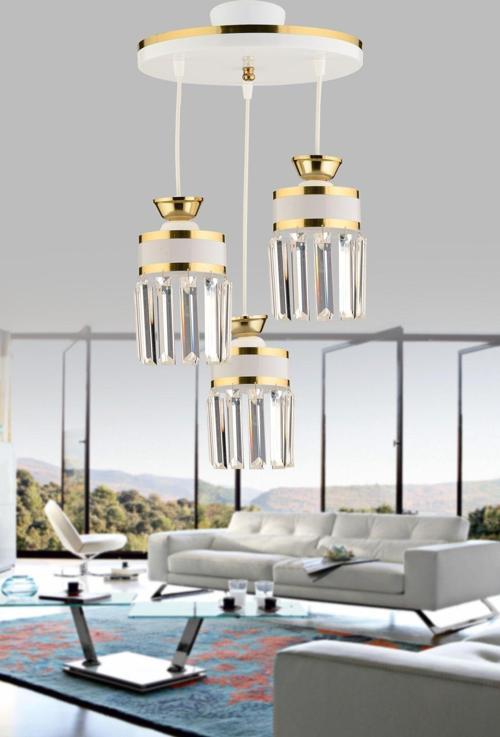 Eylül 3 Lü Sarkıt Kristal Taşlı Tepsi Beyaz Sarı Yaldızlı Modern Lüks Avize