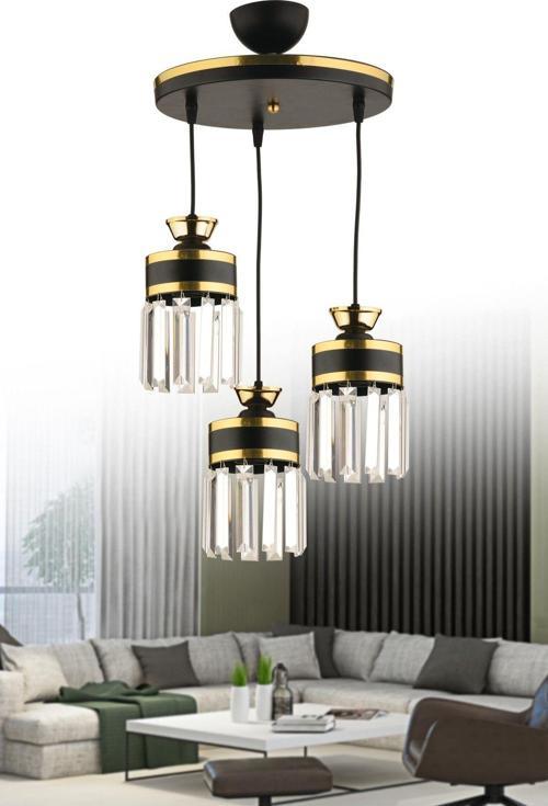 Eylül 3Lü Sarkıt Kristal Taşlı Tepsi Siyah Sarı Yaldızlı Modern Lüks Salon Avizesi