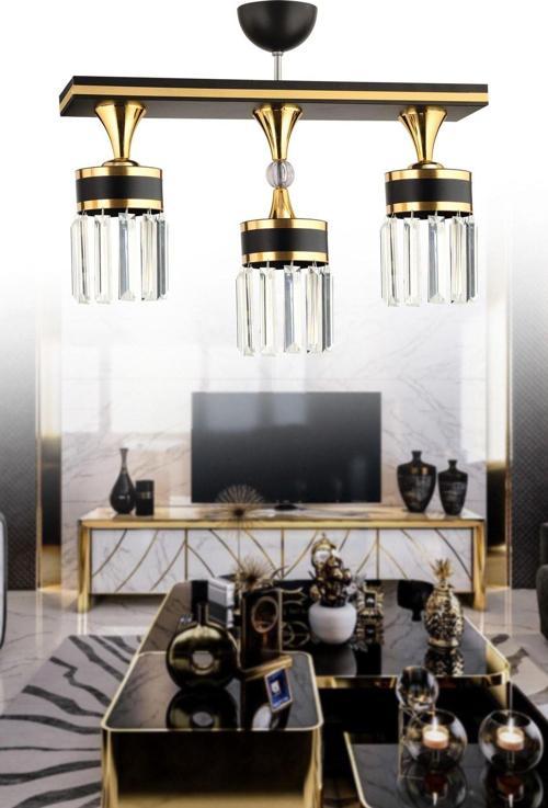 Derin 3 Lü Caka Kristal Taş Siyaha Gold Modern Avize