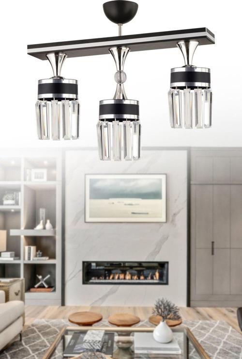 Derin 3 Lü Siyaha Krom Yaldızlı Kristal Taş Modern Avize