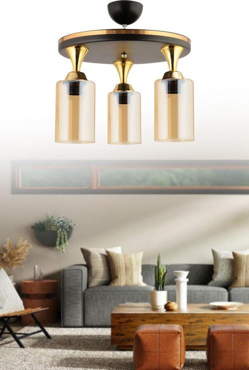 Mihra 3 Lü Camlı Tepsi Siyah Gold Yaldızlı Modern Avize