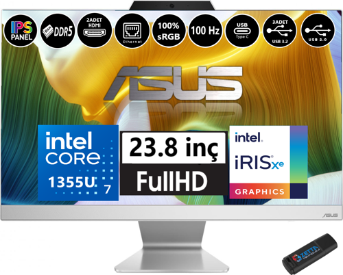 WA3402WBAK-I716512W0D Intel Core I7 1355U 48GB Ddr5 4tb SSD Fhd 23.8" IPS 100Hz Beyaz Freedos All In One Bilgisayar WI716512W0DF15+ZETTAUSBBELLEK