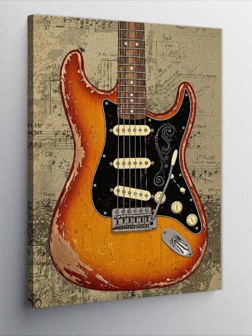 Kanvas Tablo Vintage Elektro Gitar Çizimi