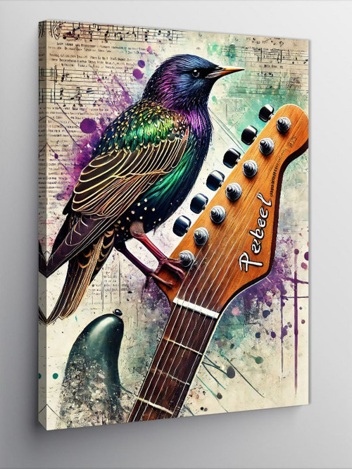 Kanvas Tablo Gitar ve Renkli Kuş