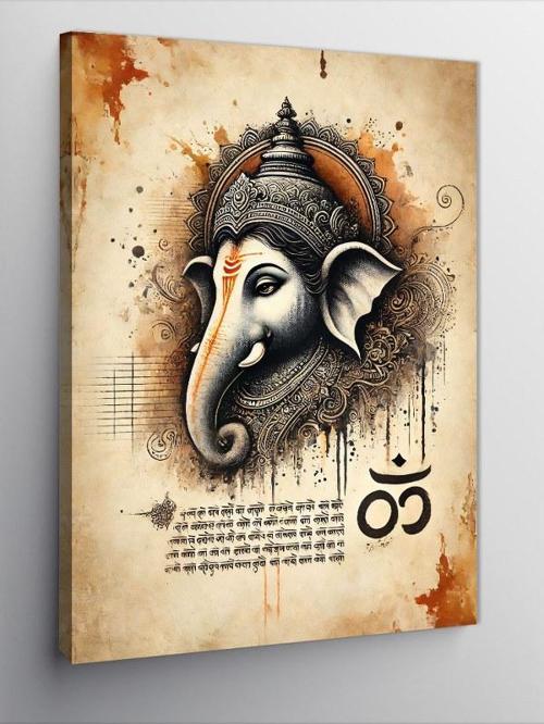 Kanvas Tablo Ganesh ve Sanskrit Yazıları