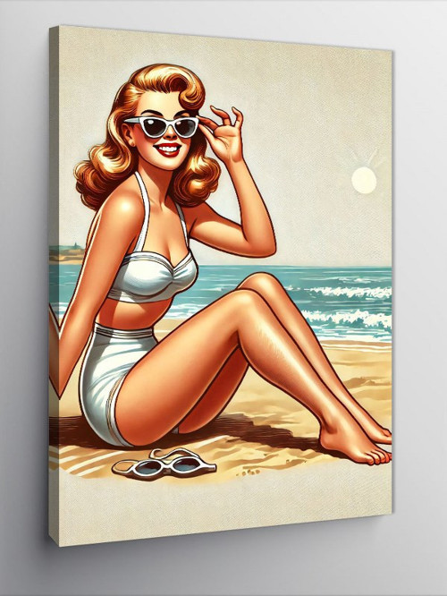 Kanvas Tablo Retro Plajda Kadın