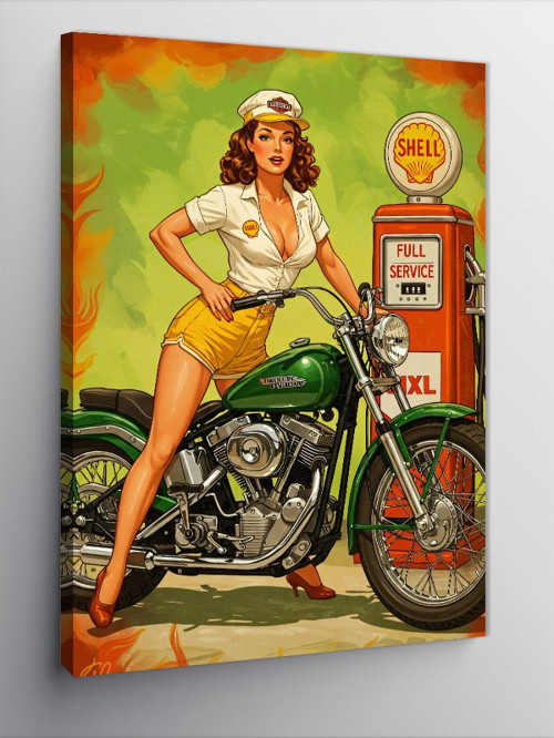 Kanvas Tablo Retro Motosiklet Kadın