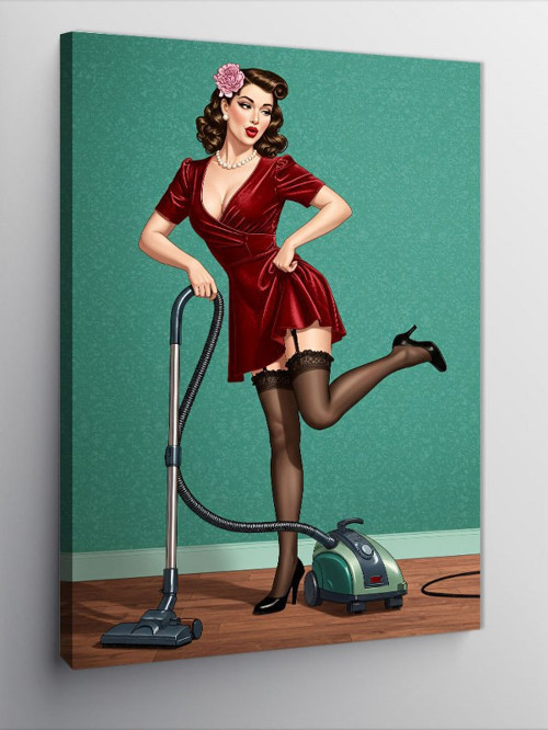 Kanvas Tablo Retro Kadın Elektrik Süpürgesiyle