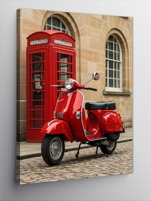 Kanvas Tablo Kırmızı Vespa ve Telefon Kulübesi