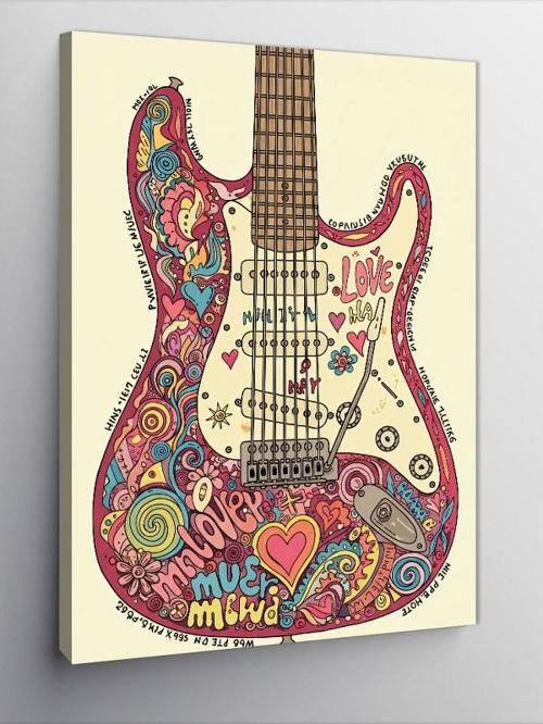 Kanvas Tablo Renkli Çiçekli Gitar