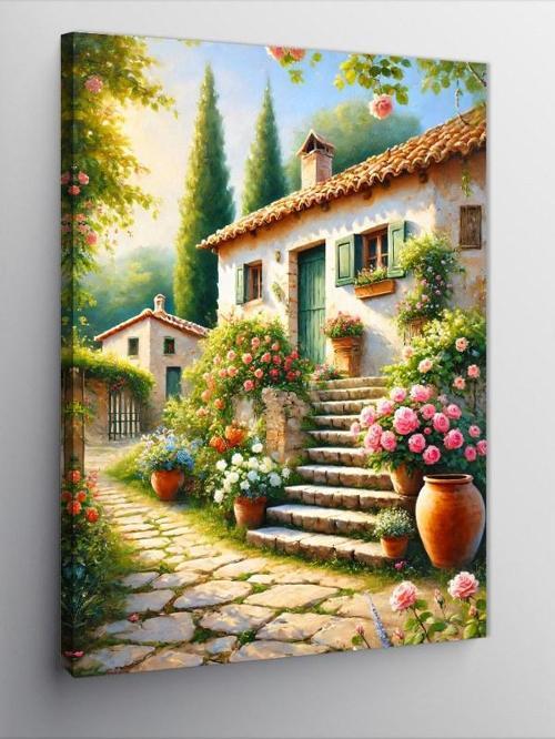 Kanvas Tablo Taş Ev ve Çiçekli Bahçe