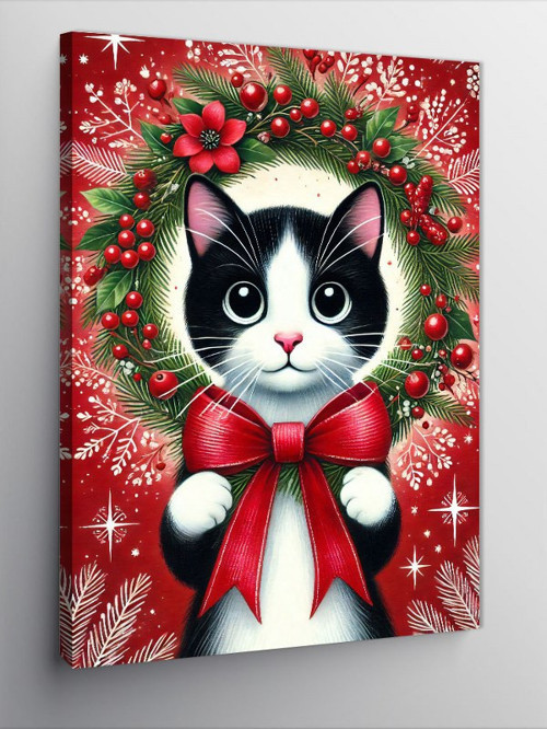 Kanvas Tablo Noel Temalı Sevimli Kedi