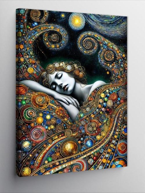 Kanvas Tablo Renkli Yıldızlar ve Uyuyan Kadın