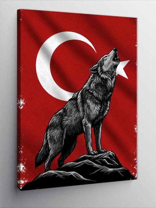 Kanvas Tablo Uluyan Kurt ve Türk Bayrağı