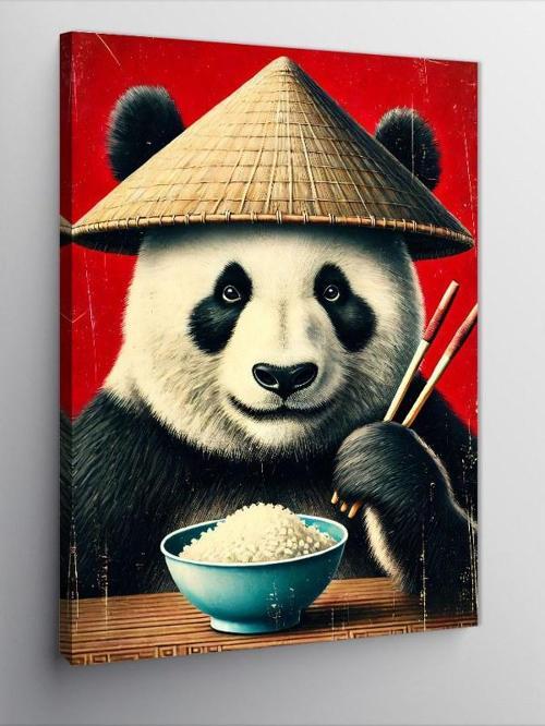 Kanvas Tablo Şapkalı Panda ve Yemek