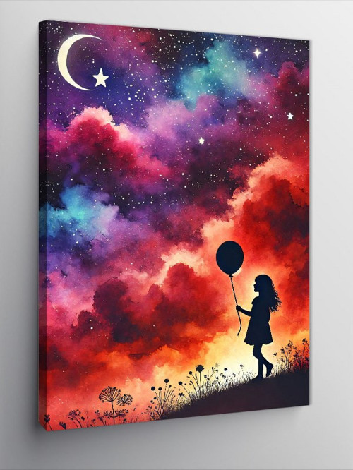 Kanvas Tablo Yıldızlı Gece ve Balonlu Çocuk