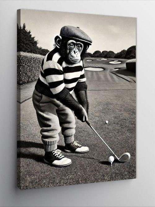 Kanvas Tablo Golf Oynayan Maymun