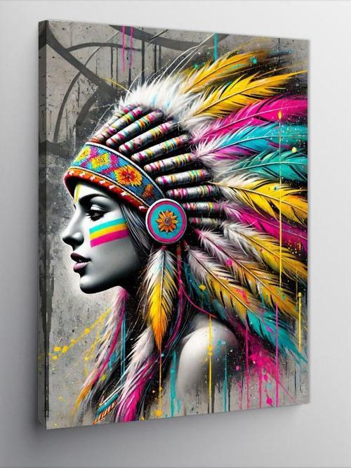 Kanvas Tablo Kızılderili Kadın ve Geleneksel Başlık