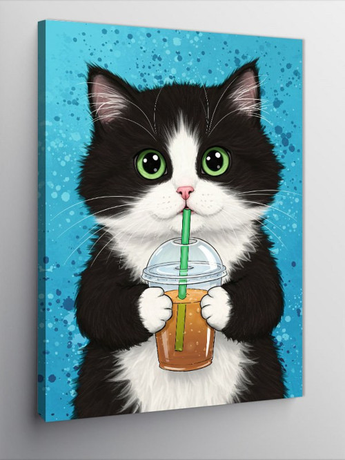 Kanvas Tablo Limonata İçen Şirin Kedi