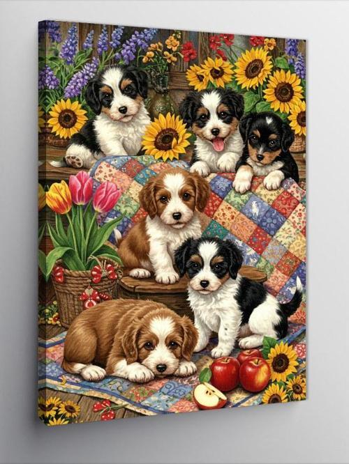 Kanvas Tablo Yavru Köpekler ve Çiçek Bahçesi