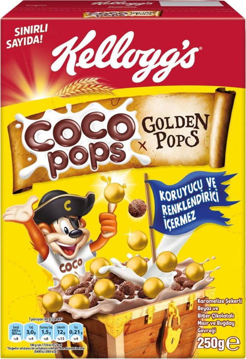 Coco Pops Çokotop Gold Çikolatalı Buğday ve Mısır Gevreği 250 Gr, Lif,Demir ve 6 Vitamin içerir