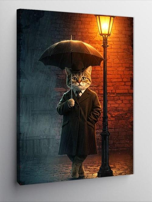 Kanvas Tablo Yağmur Altında Kedi