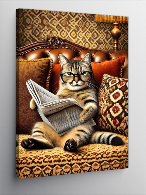 Kanvas Tablo Gazete Okuyan Kedi