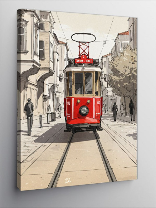 Kanvas Tablo Kırmızı Tramvay Sokak Manzarası