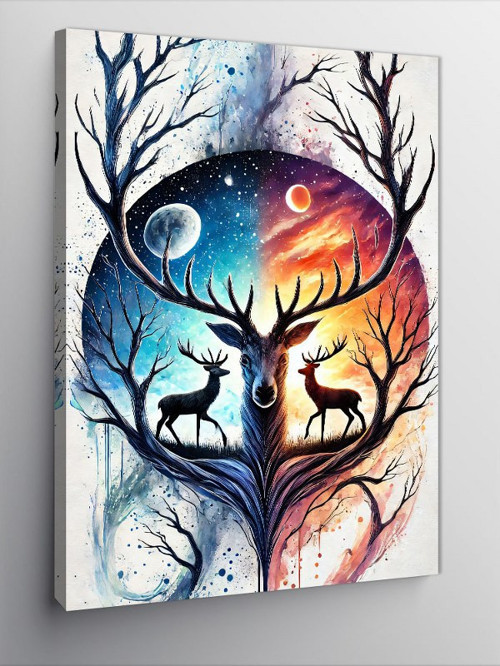 Kanvas Tablo Soyut Geyik Ve Yin-Yang Tasarımı