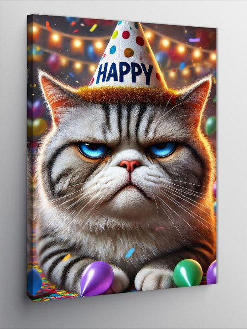 Kanvas Tablo Doğum Günü Kutlayan Somurtkan Kedi