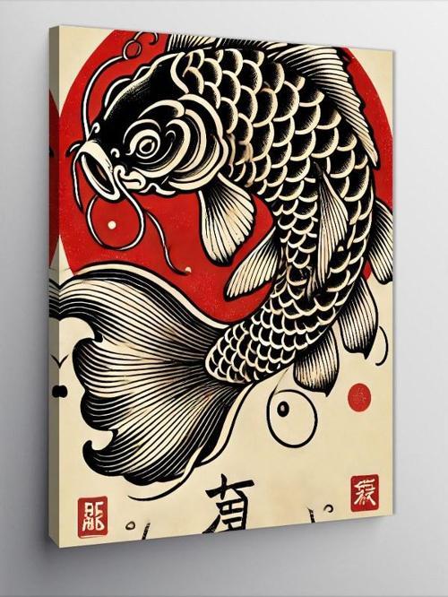 Kanvas Tablo Kırmızı Japon Balığı Ve Dalga Deseni